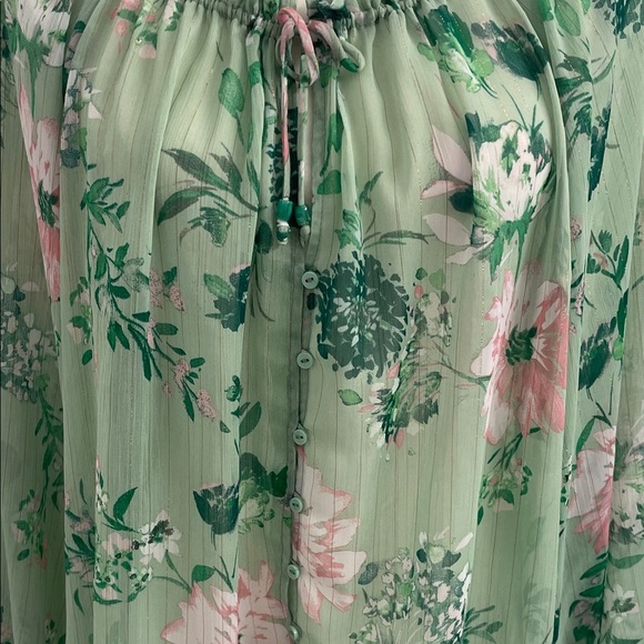 Zara Floral Sheer Blouse in Mint Green & Pink Ruffle Collar with Tie Flowy Fit - Picture 8 of 16